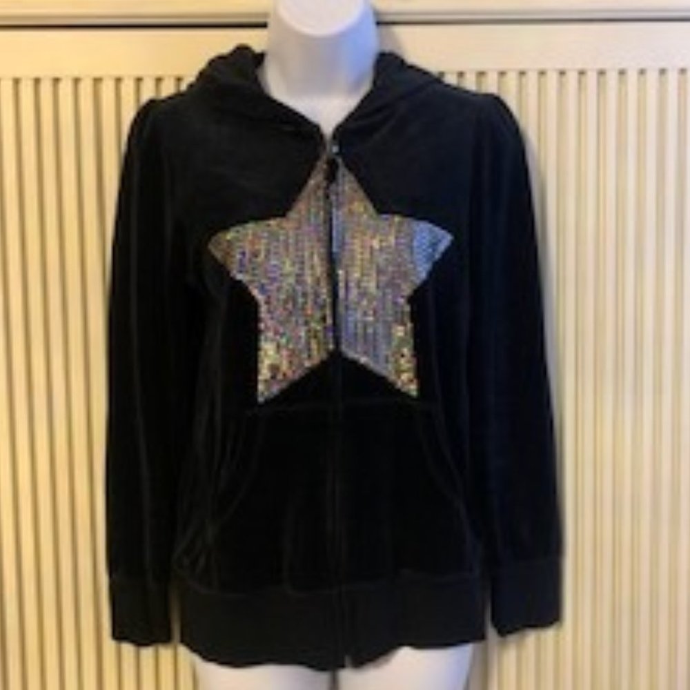 Girls Black and sequin zip up, hooded sweatshirt with star
